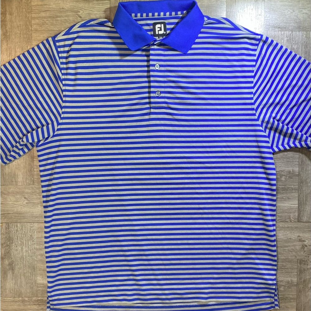 Footjoy Men’s Golf Polo - Blue / Gray Stripe Club Logo on Sleeve - XL X-Large